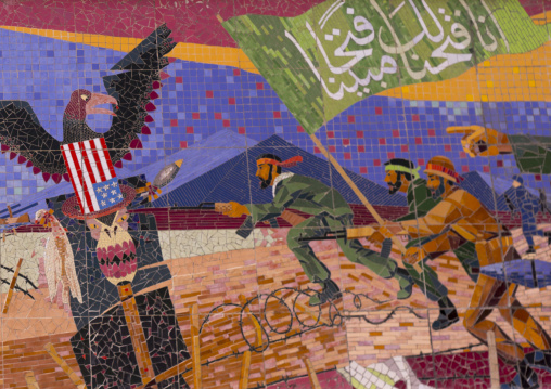 Propaganda with iranian soldiers fighting the american eagle, Shemiranat county, Tehran, Iran