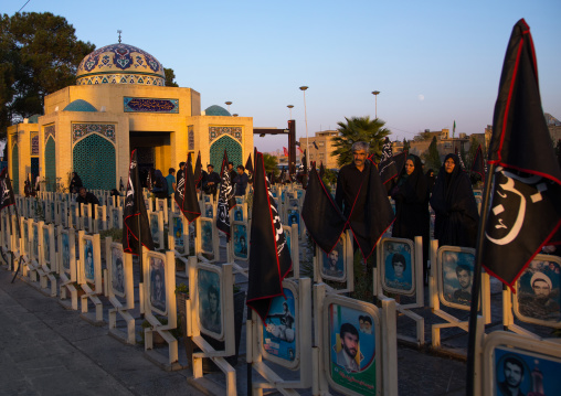 Black flags to commemorate Muharram in the Rose garden of martyrs cemetery, Isfahan Province, Isfahan, Iran