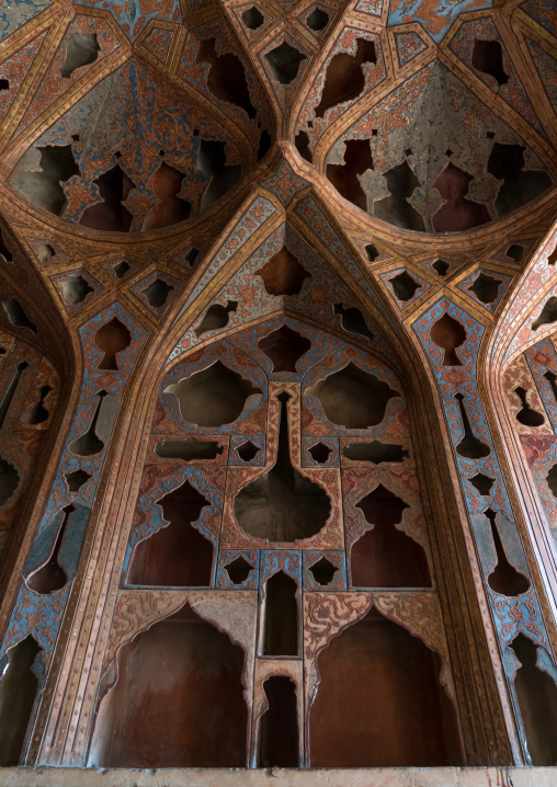 Famous acoustic ceiling in the music room of Ali Qapu palace, Isfahan Province, Isfahan, Iran