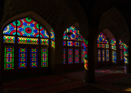 The prayer hall of Nasir ol Molk mosque with its beautiful coloured glass windows, Fars Province, Shiraz, Iran