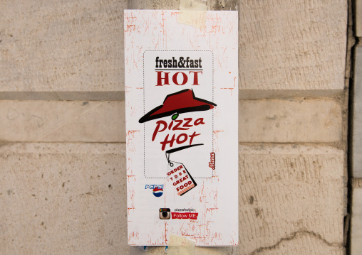 pizza hot adverstising in the street, Central district, Tehran, Iran