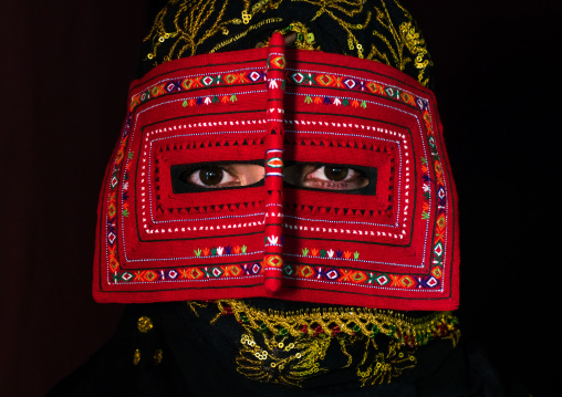 a bandari woman wearing a traditional mask called the burqa, Hormozgan, Minab, Iran