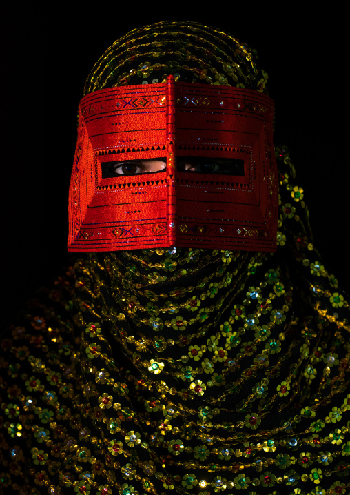 a bandari woman wearing a traditional mask called the burqa, Hormozgan, Minab, Iran
