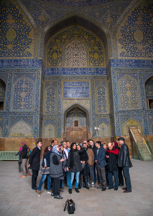 tourists taking a selfie picture inside ameh masjid or friday mosque, Isfahan Province, isfahan, Iran