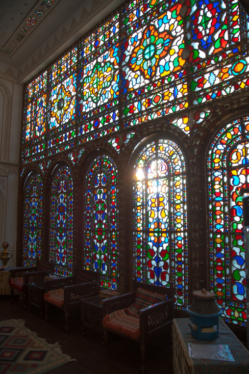 suite room with its beautiful coloured glass window in atigh traditional hotel, Isfahan Province, isfahan, Iran