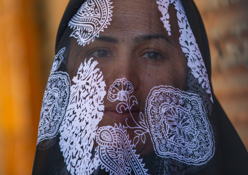 Iranian Shiite Muslim Woman Mourning Imam Hussein On The Day Of Tasua With Her Face Covered By A Veil, Lorestan Province, Khorramabad, Iran