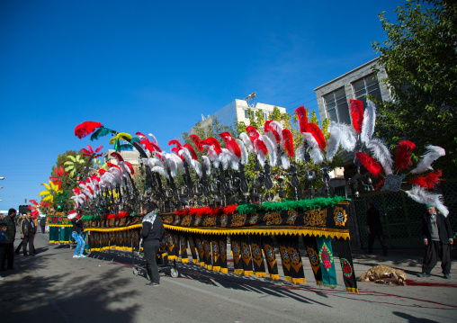 Iranian Shiite Muslim Men Carry An Alam On Ashura, The Day Of The Death Of Imam Hussein, Kurdistan Province, Bijar, Iran
