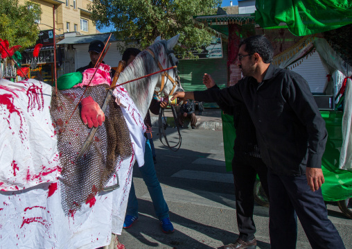 Horse Of Iman Hussein With Fake Blood On It During The Parade Of Ashura Celebrations, Kurdistan Province, Bijar, Iran