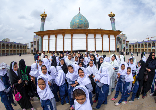 Veiled Veiled Muslim Shiite Schoolgirls In Front Of The Shah-e-cheragh Mausoleum, Fars Province, Shiraz, Iran