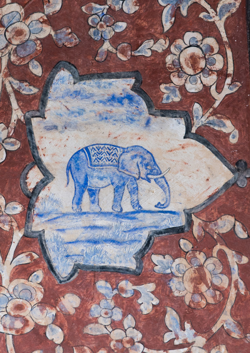 Detail Of A Painted Ceiling With An Elephant In Bagh-e Tarikhi-ye Fin Garden, Isfahan Province, Kashan, Iran