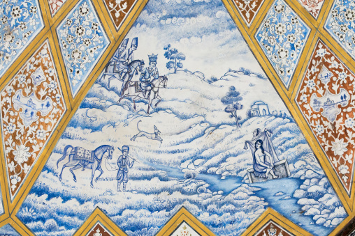 Love Scene Depicted On Tile Art In Domed Ceiling In Fin Garden, Isfahan Province, Kashan, Iran