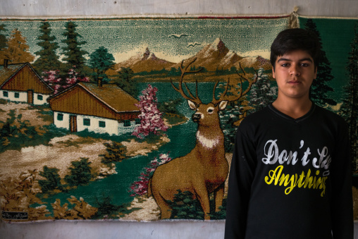 An Afghan Refugee Teenager In Front Of A Carpet On A Wall Displaying A Swiss Landscape, Isfahan Province, Kashan, Iran