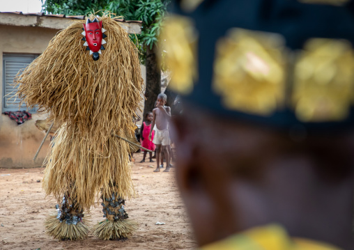 Goli mask dance in front of a tribal chief in Baule tribe, Région des Lacs, Bomizanbo, Ivory Coast