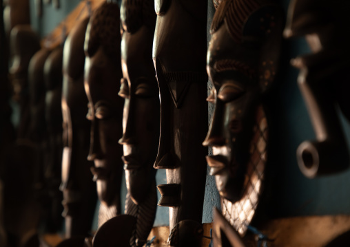 African Senufo masks for sale ion a shop, Poro region, Korhogo, Ivory Coast