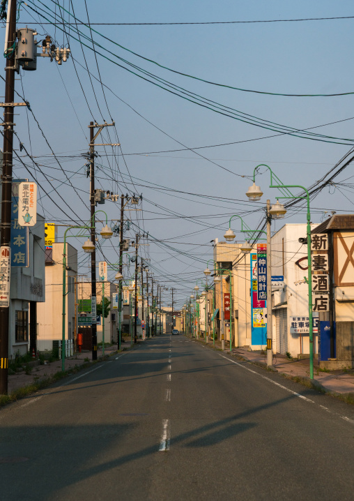 Deserted street in the difficult-to-return zone after the daiichi nuclear power plant irradiation, Fukushima prefecture, Tomioka, Japan