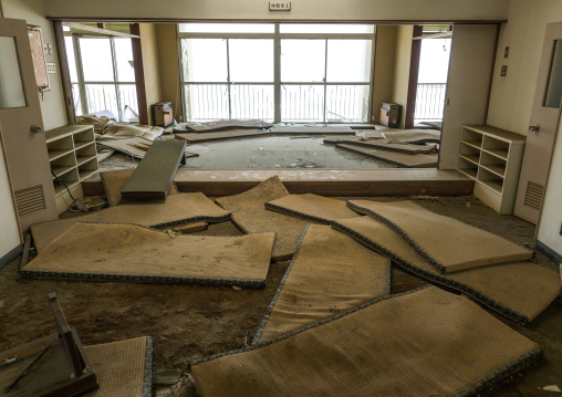 Devastated marine house in the highly contaminated area after the daiichi nuclear power plant irradiation and the tsunami, Fukushima prefecture, Futaba, Japan