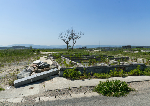 Foundations of the houses destroyed by the earthquake and the tsunami of 2011 five years after, Fukushima prefecture, Namie, Japan