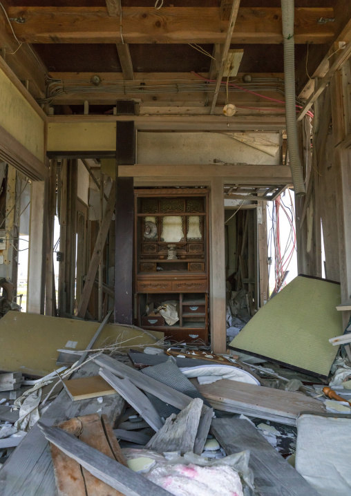 Inside a house destroyed by the 2011 earthquake and tsunami five years after, Fukushima prefecture, Namie, Japan