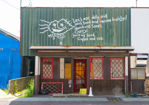 Abandoned restaurant in the highly contaminated area after the daiichi nuclear power plant irradiation, Fukushima prefecture, Tomioka, Japan
