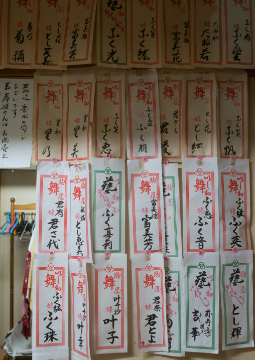 Papers with the names of the maikos and geishas living in the house, Kansai region, Kyoto, Japan