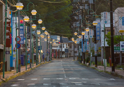 Deserted street in the highly contaminated area after the daiichi nuclear power plant irradiation, Fukushima prefecture, Tomioka, Japan