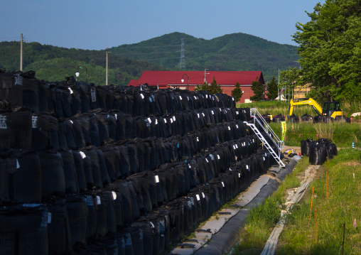 Bags of radioactive waste during radioactive decontamination process after the daiichi nuclear power plant irradiation, Fukushima prefecture, Iitate, Japan
