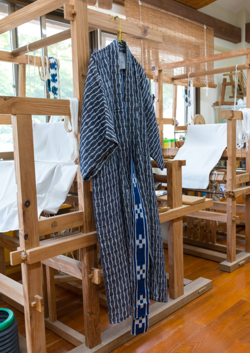 Kimono hung in a weaving workshop, Yaeyama Islands, Taketomi island, Japan