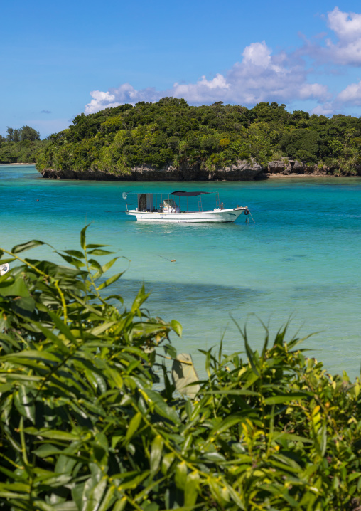 Glass bottom boat in the tropical lagoon beach with clear blue water surrounded by lush greenery in Kabira bay, Yaeyama Islands, Ishigaki, Japan