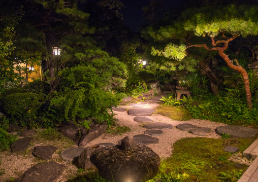 Illuminated japanese garden, Okayama Prefecture, Kurashiki, Japan