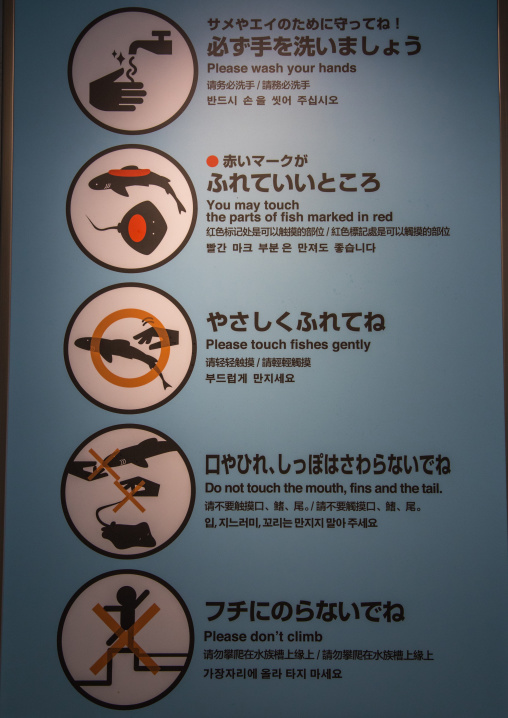 Warning signs in the touch pool in Kaiyukan aquarium, Kansai region, Osaka, Japan