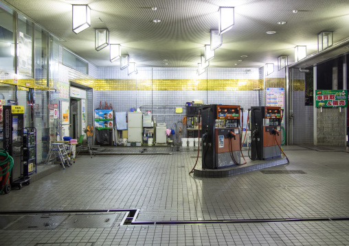 Petrol station at night, Kansai region, Osaka, Japan
