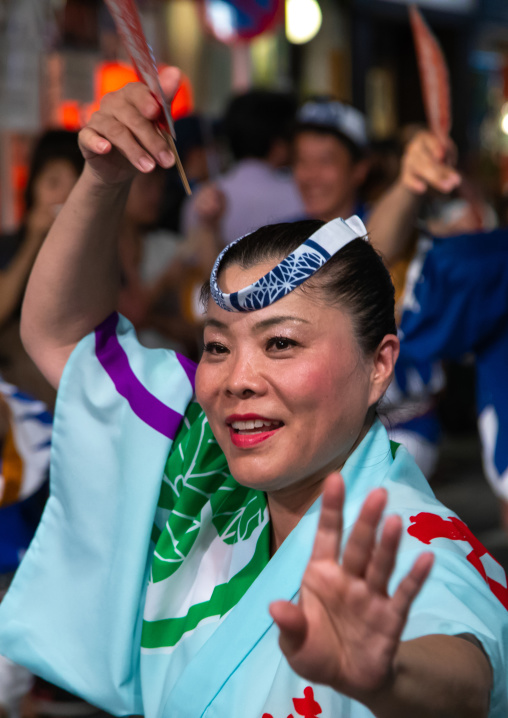 Japanese dancers during the Koenji Awaodori dance summer street festival, Kanto region, Tokyo, Japan