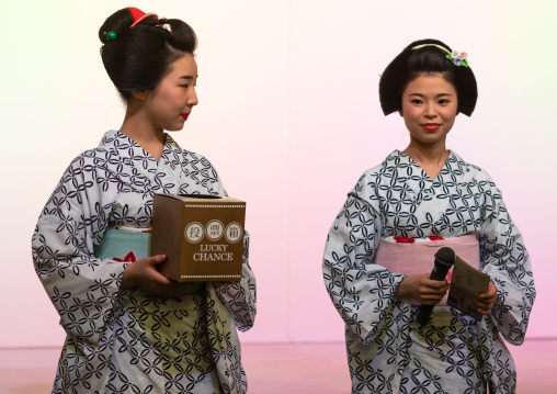 Maiko women making a game on stage, Kansai region, Kyoto, Japan