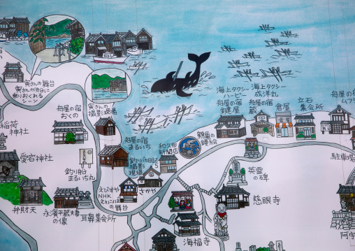 Map of the area with a whale hunting drawing, Kyoto prefecture, Ine, Japan
