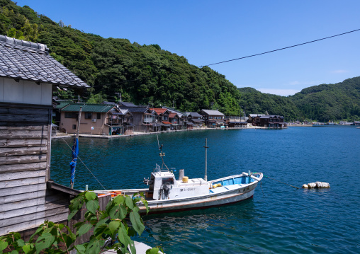 Boat in front funaya fishermen houses, Kyoto prefecture, Ine, Japan
