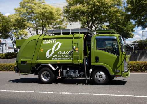 Green garbage truck, Chugoku region, Hiroshima, Japan