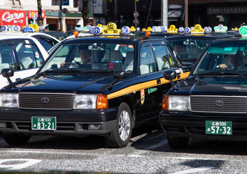 Taxis on a parking, Chugoku region, Hiroshima, Japan