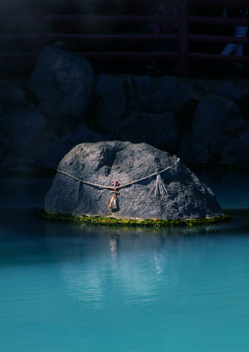 Pond with turquoise color in Kamado jigoku cooking pot hell, Oita Prefecture, Beppu, Japan