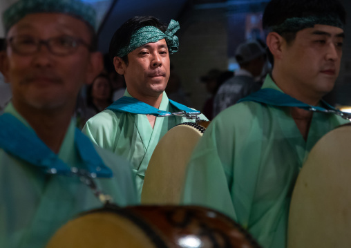 Japanese musicians during the Koenji Awaodori dance summer street festival, Kanto region, Tokyo, Japan