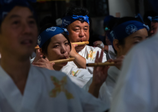 Japanese musicians during the Koenji Awaodori dance summer street festival, Kanto region, Tokyo, Japan