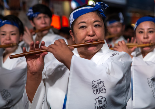 Japanese musicians during the Koenji Awaodori dance summer street festival, Kanto region, Tokyo, Japan