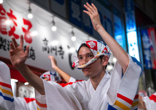 Japanese dancers during the Koenji Awaodori dance summer street festival, Kanto region, Tokyo, Japan