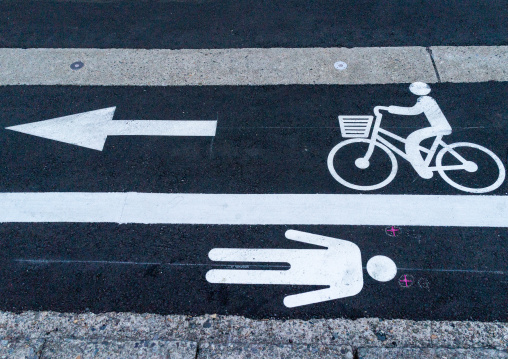 Bicycle and pedestrian symbols in the street, Ishikawa Prefecture, Kanazawa, Japan