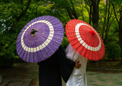 Japanese couple with umbrellas in the botanic garden, Kansai region, Kyoto, Japan