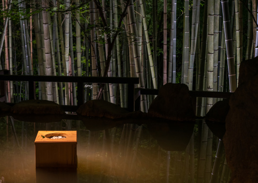 Bucket next to a bamboo forest hot spring in Takefue ryokan, Kumamoto Prefecture, Minamioguni-machi, Japan