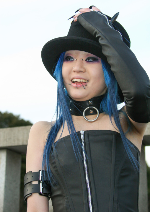 Cosplay girl with blue hair in Harajuku, Kanto region, Tokyo, Japan