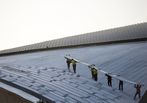 Workers On The Roof Of The New Astana Stadium, Astana, Kazakhstan