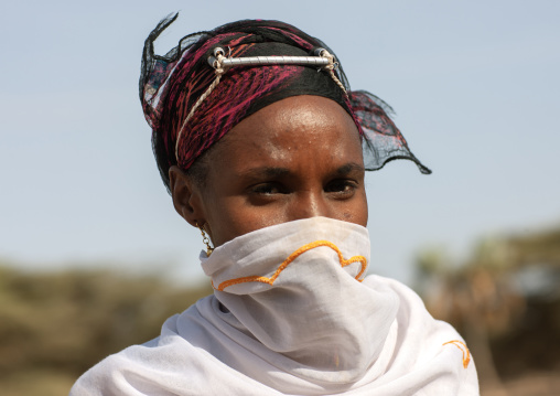 Portrait of a Gabra tribe woman wearing the traditional headwear, Marsabit County, Chalbi Desert, Kenya