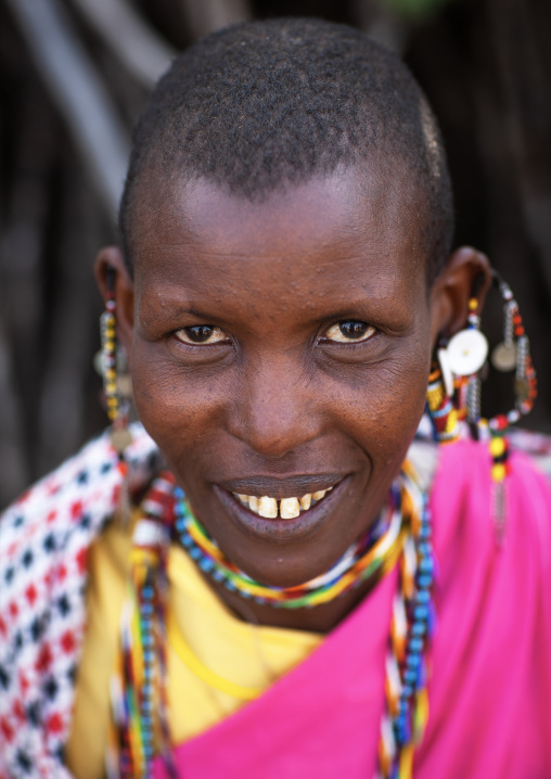 Portrait of a Maasai tribe woman with beaded earrings, Rift Valley Province, Maasai Mara, Kenya