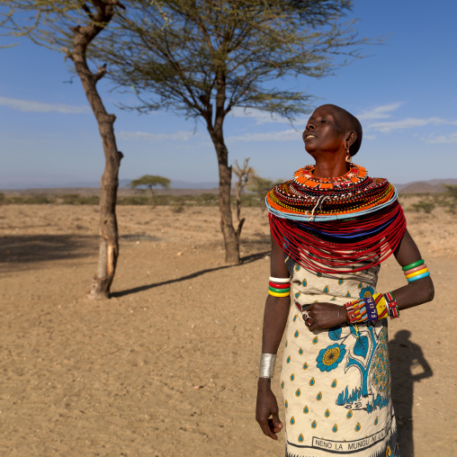 Portrait of a Samburu tribe woman with beaded necklaces, Samburu County, Maralal, Kenya